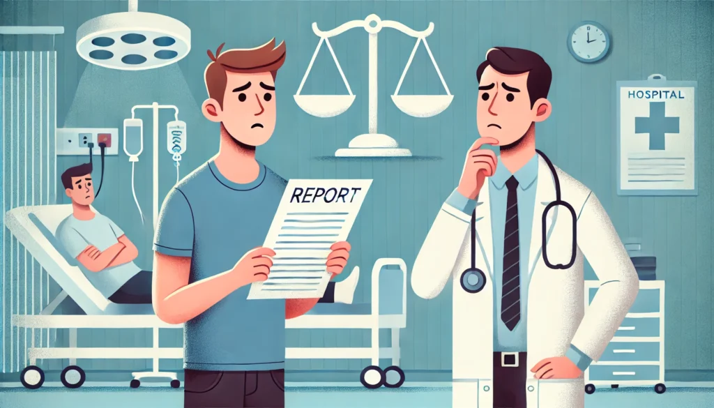 Cartoon-style image of a confused patient holding medical files, with a doctor walking away and a floating scale of justice above.