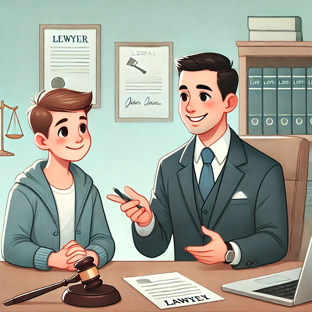 Illustration of a friendly lawyer advising a patient at a desk with legal papers and a laptop.